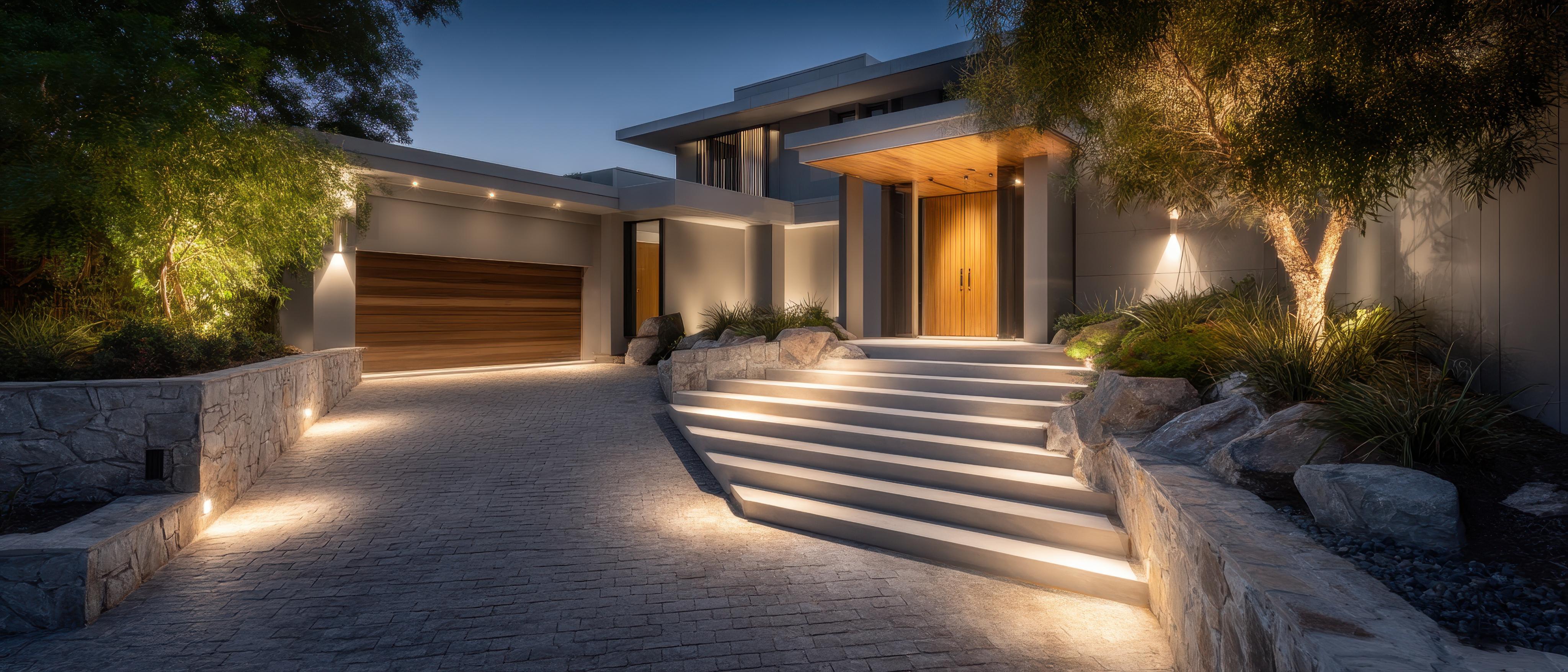 Luxury home exterior with architectural lighting
